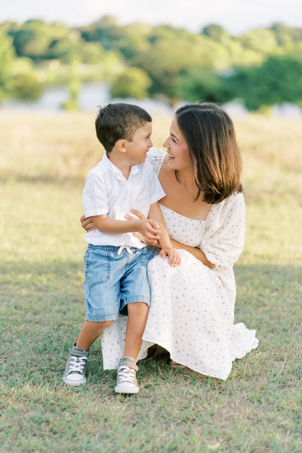 Son and mother during family pictures in Dallas