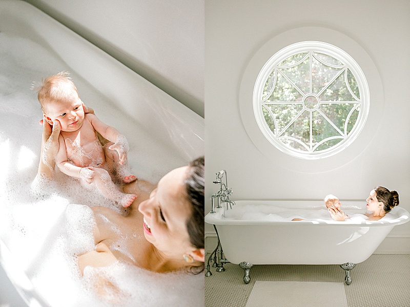 intimate newborn photography session in Richmond Virginia mama and baby in the bathtub featured by the motherhood anthology