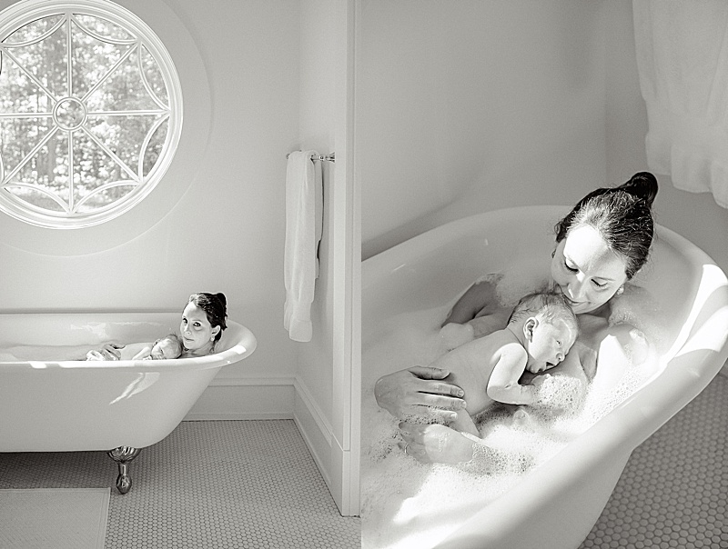 intimate newborn photography session in Richmond Virginia mama and baby in the bathtub featured by the motherhood anthology