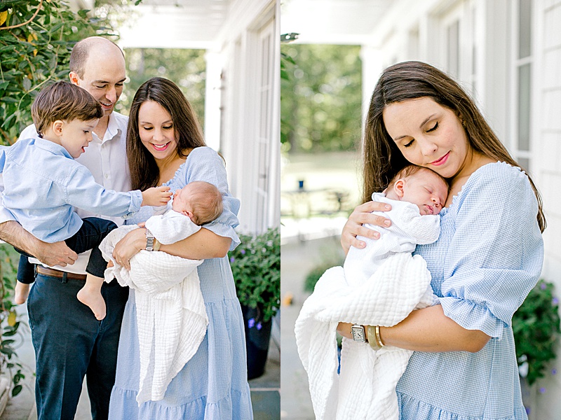 in home newborn photography session in Richmond Virginia family outside of home featured by the motherhood anthology