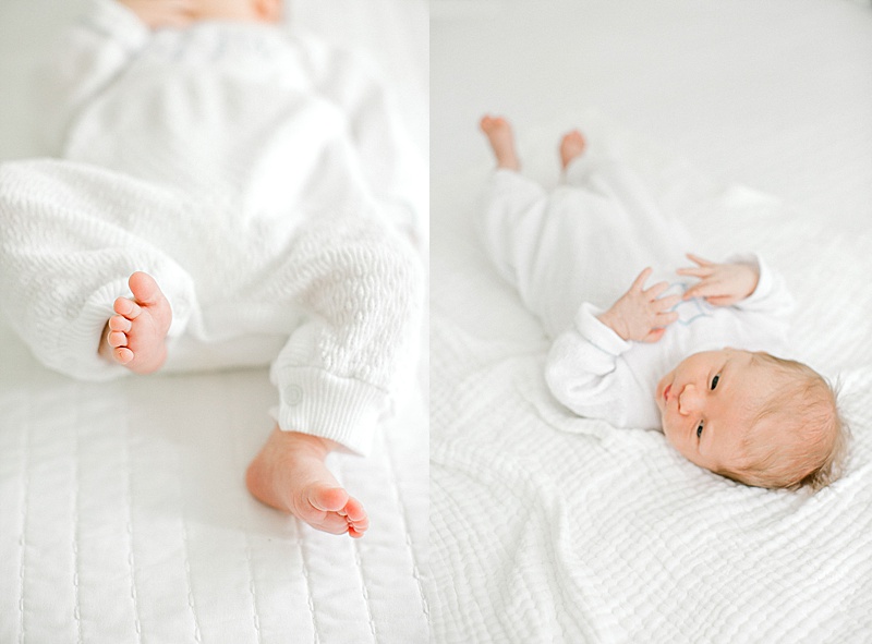 in home newborn photography session in Richmond Virginia newborn on the bed featured by the motherhood anthology