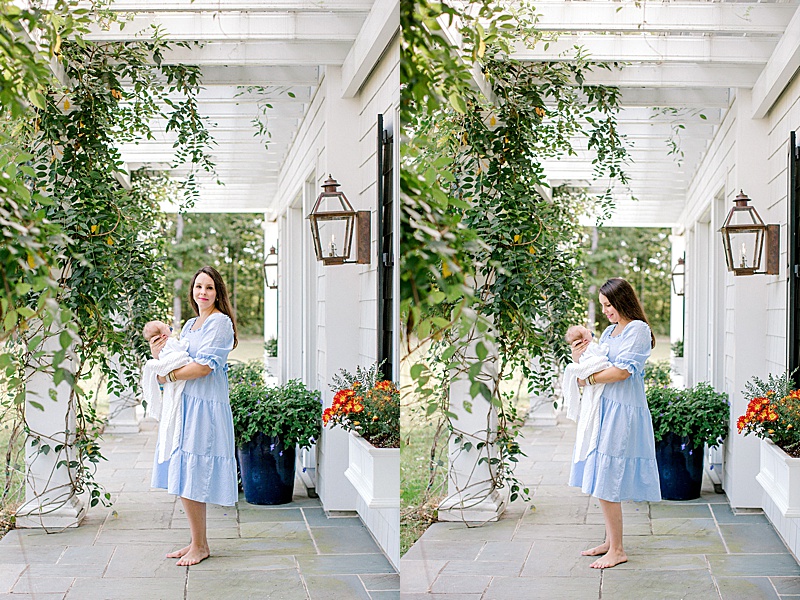 in home newborn photography session in Richmond Virginia mama and baby outside of home featured by the motherhood anthology