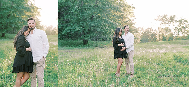 outdoor spring maternity session in Minneapolis, MN photographed by Claire Chantel Photography featured on The Motherhood Anthology blog, beautiful pregnant mama black dress