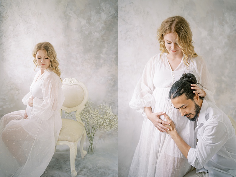 studio maternity photography session in Brisbane, AUS with custom hand-painted backdrop by Hikari Lifestyle Photography featured on The Motherhood Anthology floral maternity intimate moment