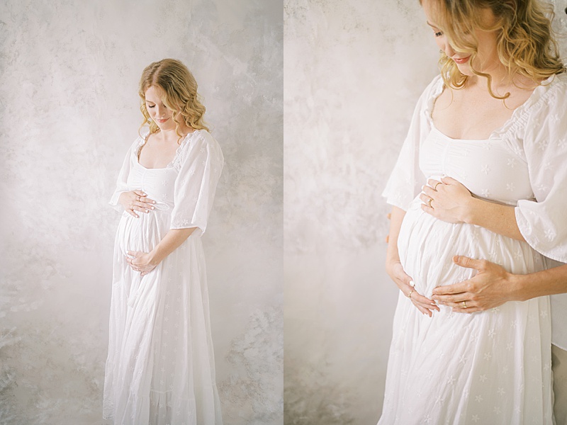 intimate studio maternity photography session in Brisbane, AUS with custom hand-painted backdrop by Hikari Lifestyle Photography featured on The Motherhood Anthology pregnant belly