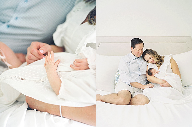 in-home newborn session natural light film photography Jessica brown photography featured on motherhood anthology blog family on bed newborn details