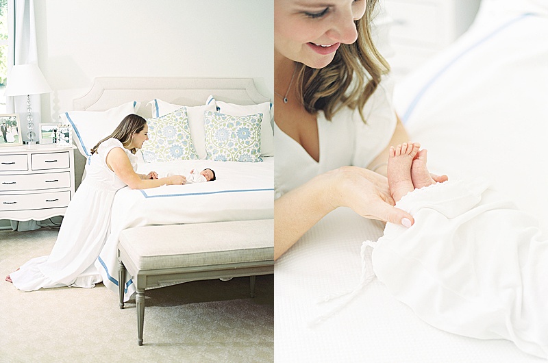 in-home newborn session natural light film photography Jessica brown photography featured on motherhood anthology blog mom with baby on bed