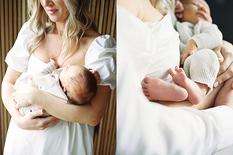 mom + newborn baby in home lifestyle session all white neutral photographed by Morgan Williams Photo in Raleigh, NC featured on The Motherhood Anthology blog