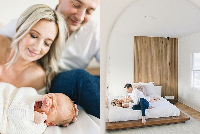 in home lifestyle newborn session all white neutral photographed by Morgan Williams Photo in Raleigh, NC featured on The Motherhood Anthology blog