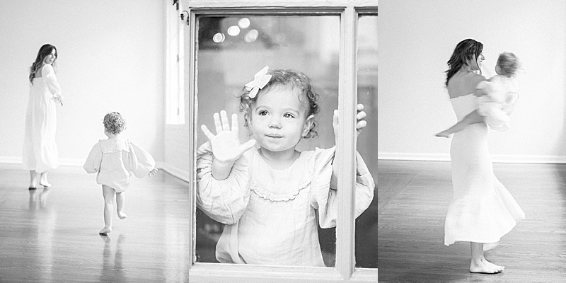 mommy + me session in-home natural light window light organic photographed by Mckenize Fairclough in Richmond, VA black and white soft blur motion photography