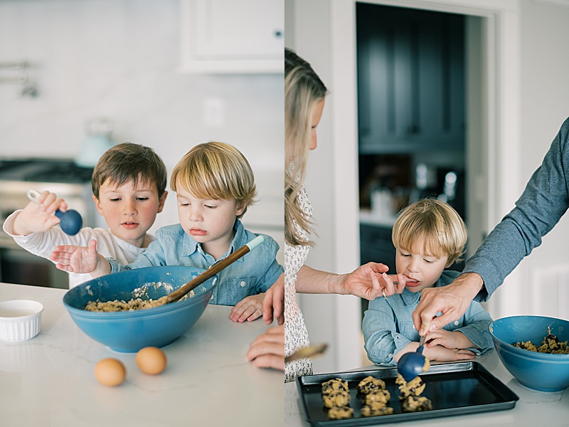 in-home lifestyle photography session making cookies in the kitchen mom and sons