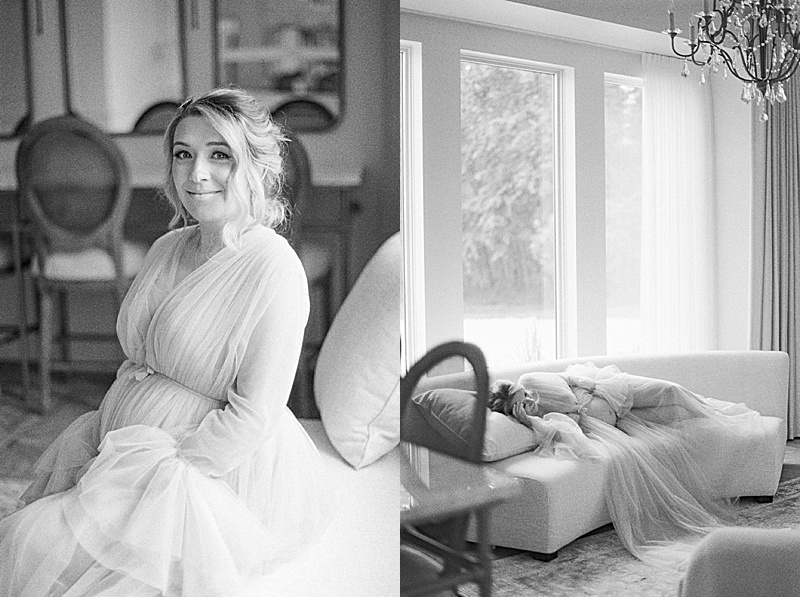 ethereal and whimsical maternity session indoor intimate maternity black and white photography session