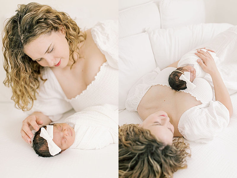 in studio newborn session natural light family of three neutral colors mama and newborn baby