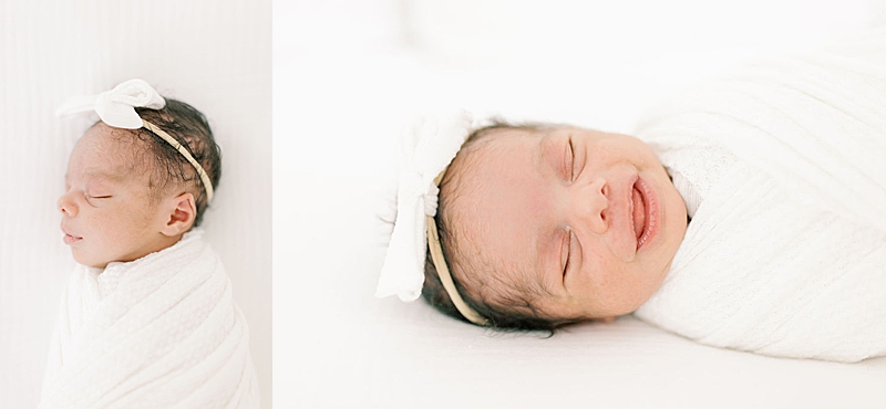 in studio newborn session natural light family of three neutral colors