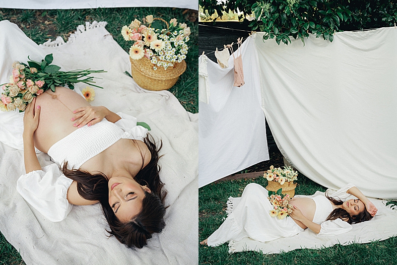 lifestyle maternity photography session full family Latina outdoor garden and bohemian vibes Portra 800 film photography natural light