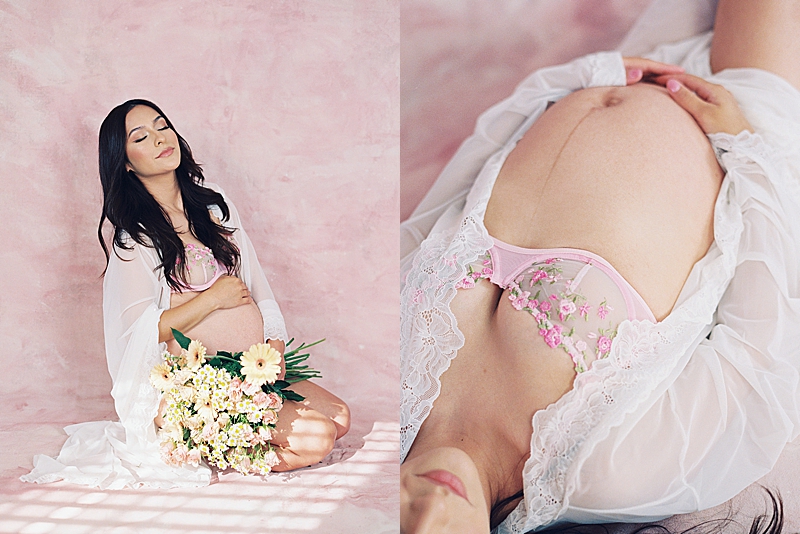 lifestyle maternity photography session Latina hand-painted backdrop studio photography Portra 800 film photography natural light floral and intimate 