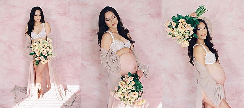 lifestyle maternity photography session Latina hand-painted backdrop studio photography Portra 800 film photography natural light floral and intimate 