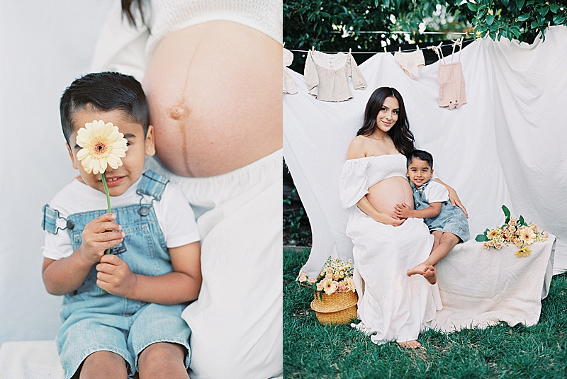 lifestyle maternity photography session full family Latina outdoor garden and bohemian vibes Portra 800 film photography natural light