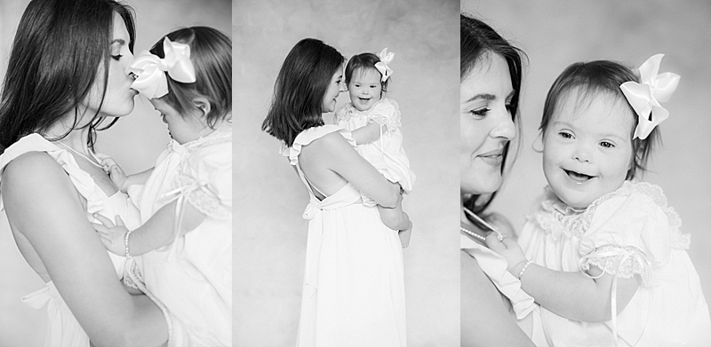 mommy + me photography in studio little girl Down syndrome black and white 