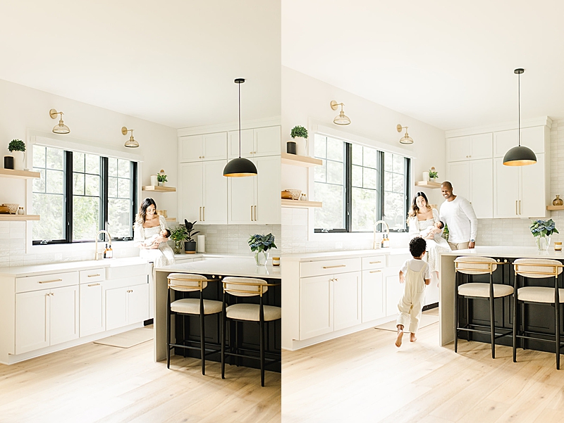 natural light photography in-home newborn photography session modern kitchen 