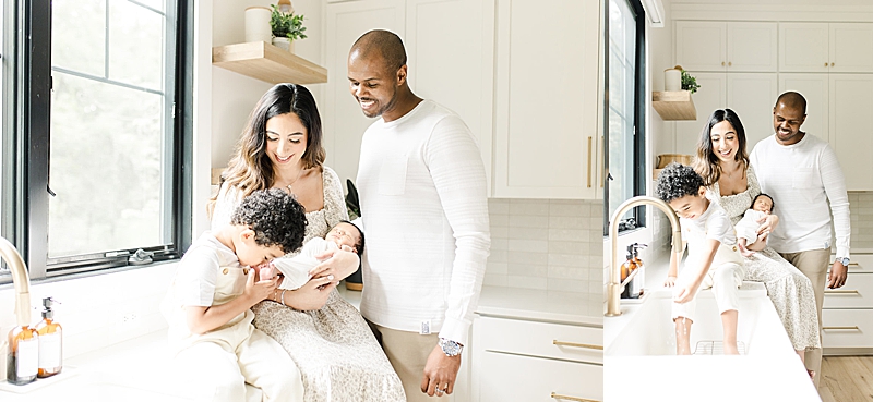 natural light photography in-home newborn photography session modern kitchen playful interactive family