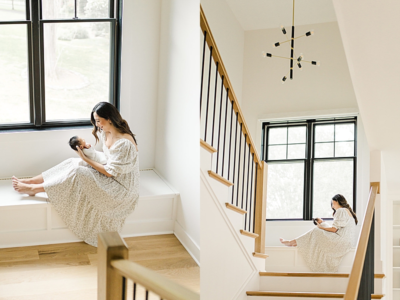 natural light photography in-home newborn photography session mama and newborn snuggling 