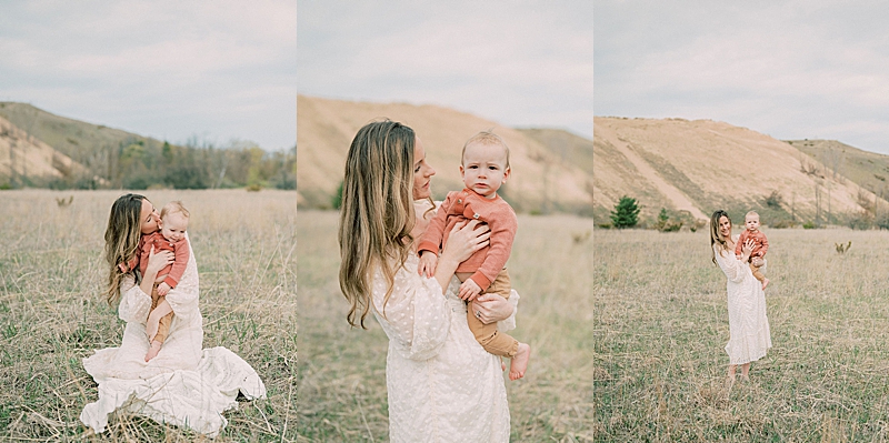 fall-vibe family photography session, natural light photography, film-inspired coloring, mama and baby