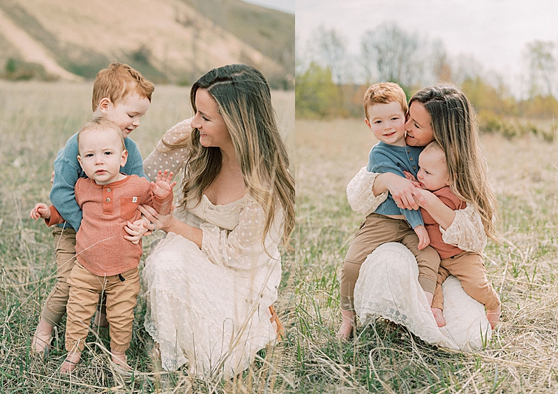fall-vibe family photography session, natural light photography, film-inspired coloring, mama and sons